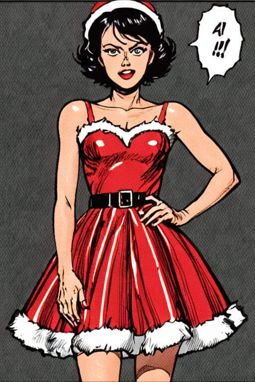 a black and white comic book illustration of a beautiful woman in a red Christmas dress, style akirabw 