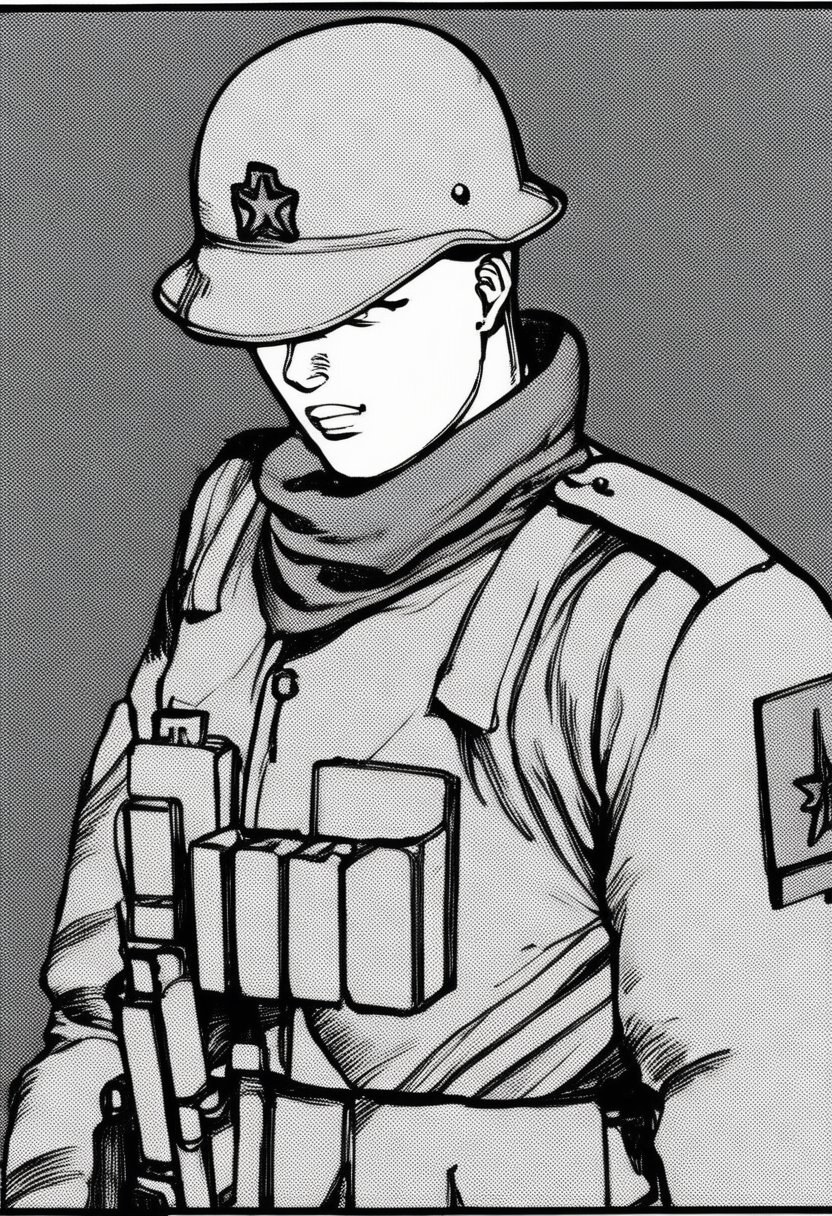 a black and white comic book illustration of  a soldier, style akirabw