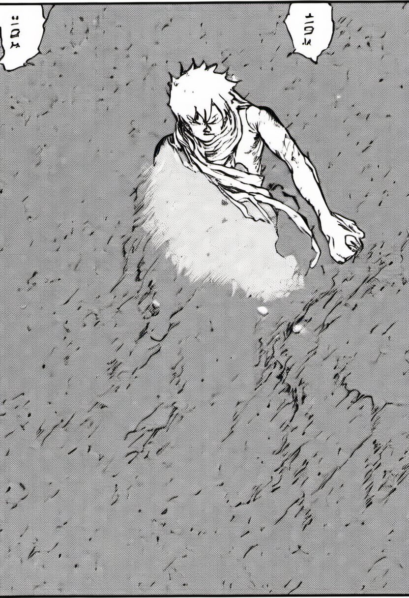 a black and white comic book illustration. Closeup of a  man walking through the water with a ragged scarf, style akirabw