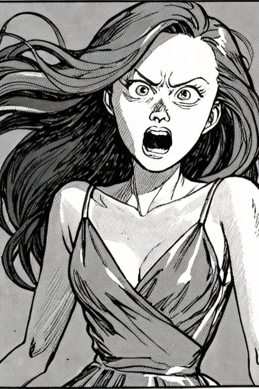 a black and white comic book illustration of a woman, head out of frame, :d expression, Ginger hair, absurdly long hair, asymmetrical hair hair, wearing cocktail dress, style akirabw 