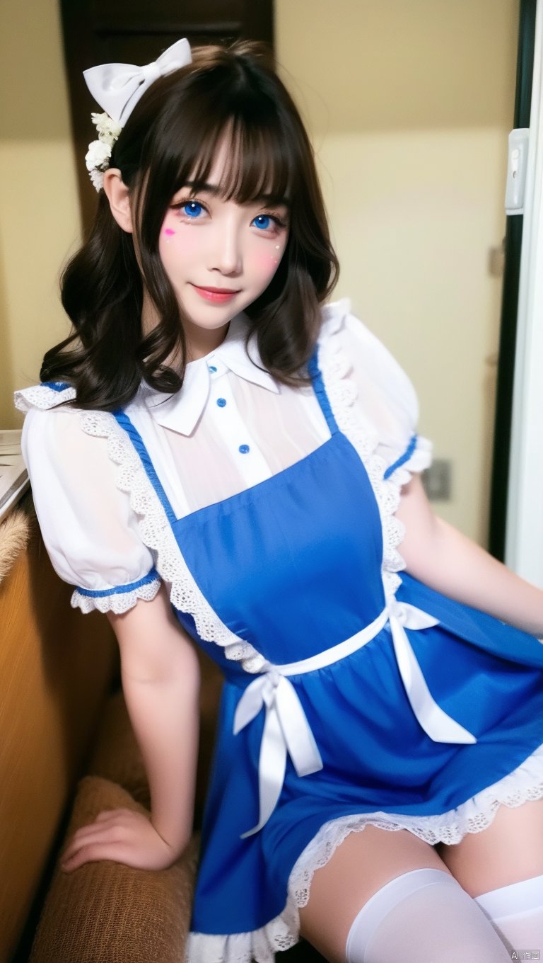  1girl, long wavy hair, blue eyes, thighhighs, looking at viewer, white thighhighs, sitting, bow, , dress, cherry, hair bow, blush, food, lips, apron, indoors, bangs, short sleevesblue dress, parted lips, facial mark, short hair, lace, smile, frills,holding, flower,skirt, , puffy short sleeves, ribbon, lace trim