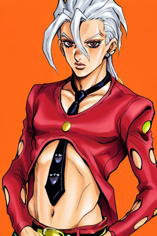 score_9, score_8_up, score_7_up, mangafugo, redfugojacket, stud earrings, white hair, red eyes, solo, male, 1boy, navel, belt, hand on shirt, black necktie, hand on stomachm fingers