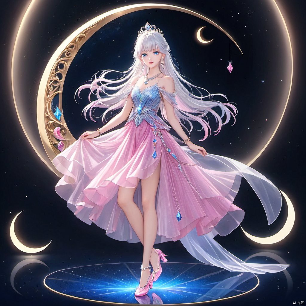 1 girl, solo, long hair, looking at the audience, bangs, blue eyes, jewelry, white hair, earrings, parted lips, necklace, parted bangs, gray eyes, crystal slipper, full body physiognomy, crescent moon, pink skirt