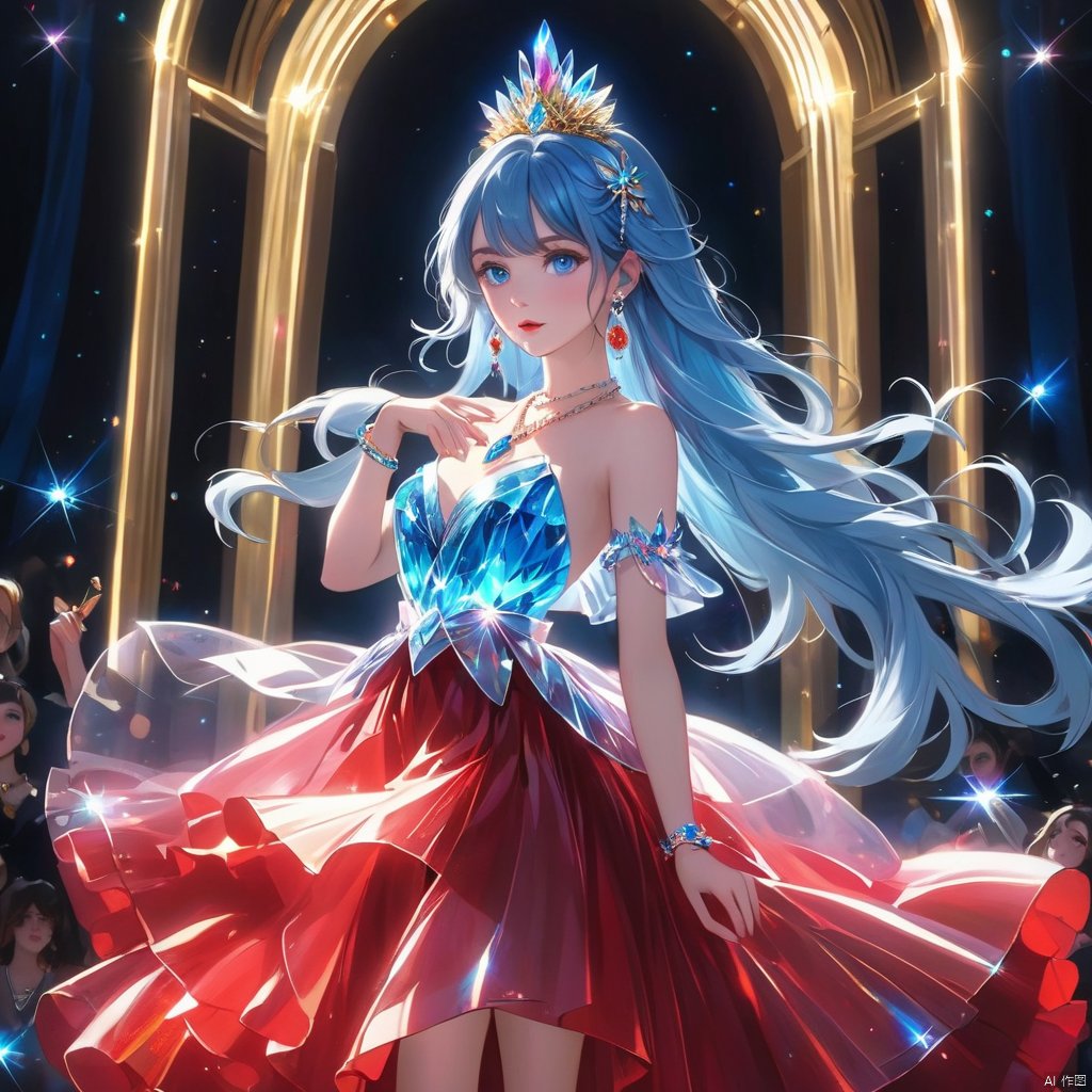 1 girl, solo, long hair, looking at the audience, bangs, blue eyes, jewelry, blue hair, earrings, parted lips, necklace, parted bangs, gray eyes, crystal slipper, bust, luminous, red skirt, Light