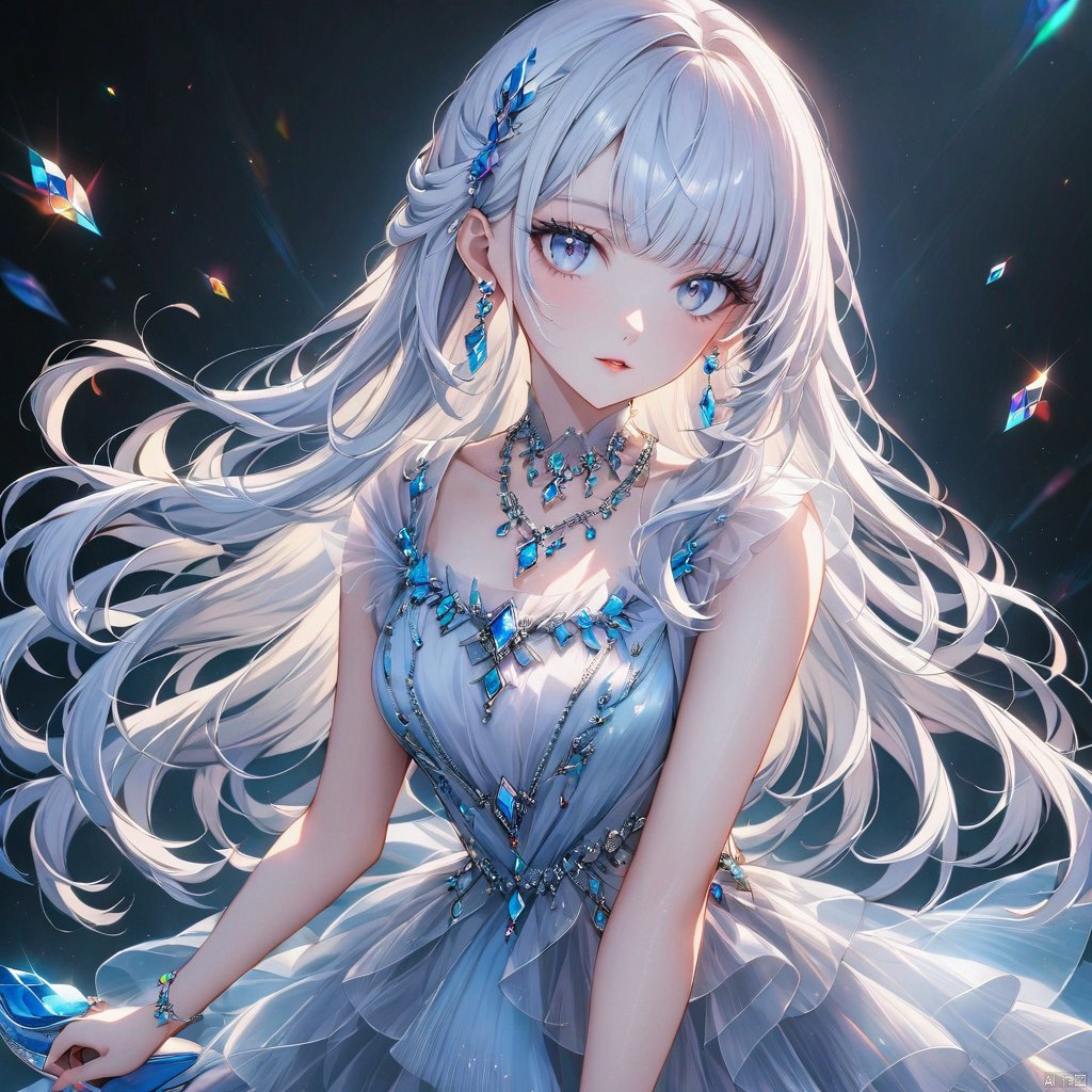 1 girl, solo, long hair, looking at the audience, bangs, blue eyes, jewelry, white hair, earrings, parted lips, necklace, parted bangs, gray eyes, crystal slipper, bust, skirt