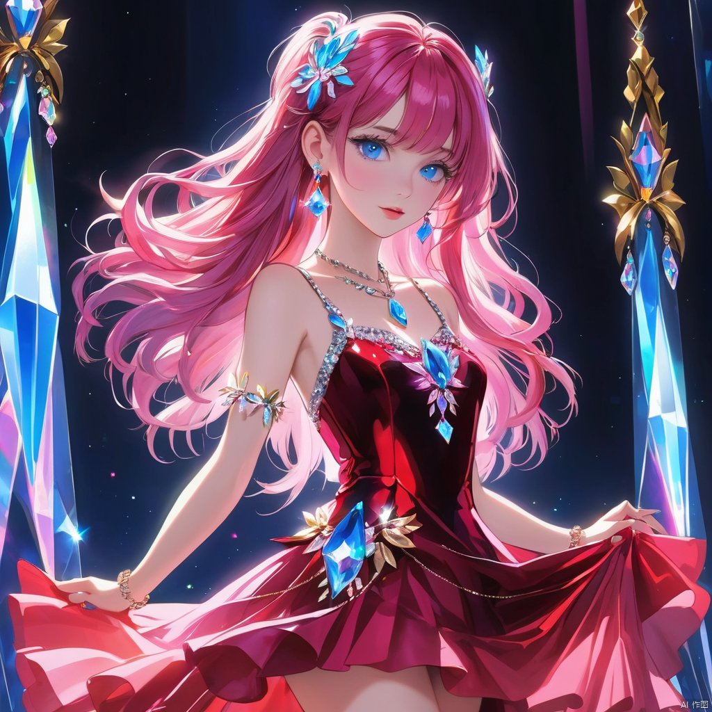 1 girl, solo, long hair, looking at the audience, bangs, blue eyes, jewelry, pink hair, earrings, parted lips, necklace, parted bangs, gray eyes, crystal slipper, bust, luminous, red skirt