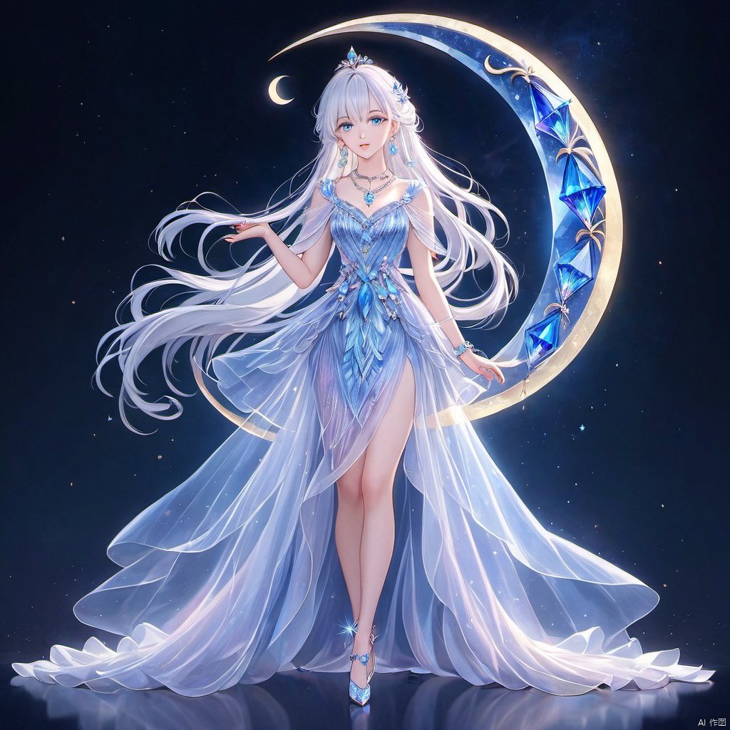 1 girl, solo, long hair, looking at the audience, bangs, blue eyes, jewelry, white hair, earrings, parted lips, necklace, parted bangs, gray eyes, crystal slipper, full body physiognomy, crescent moon, 