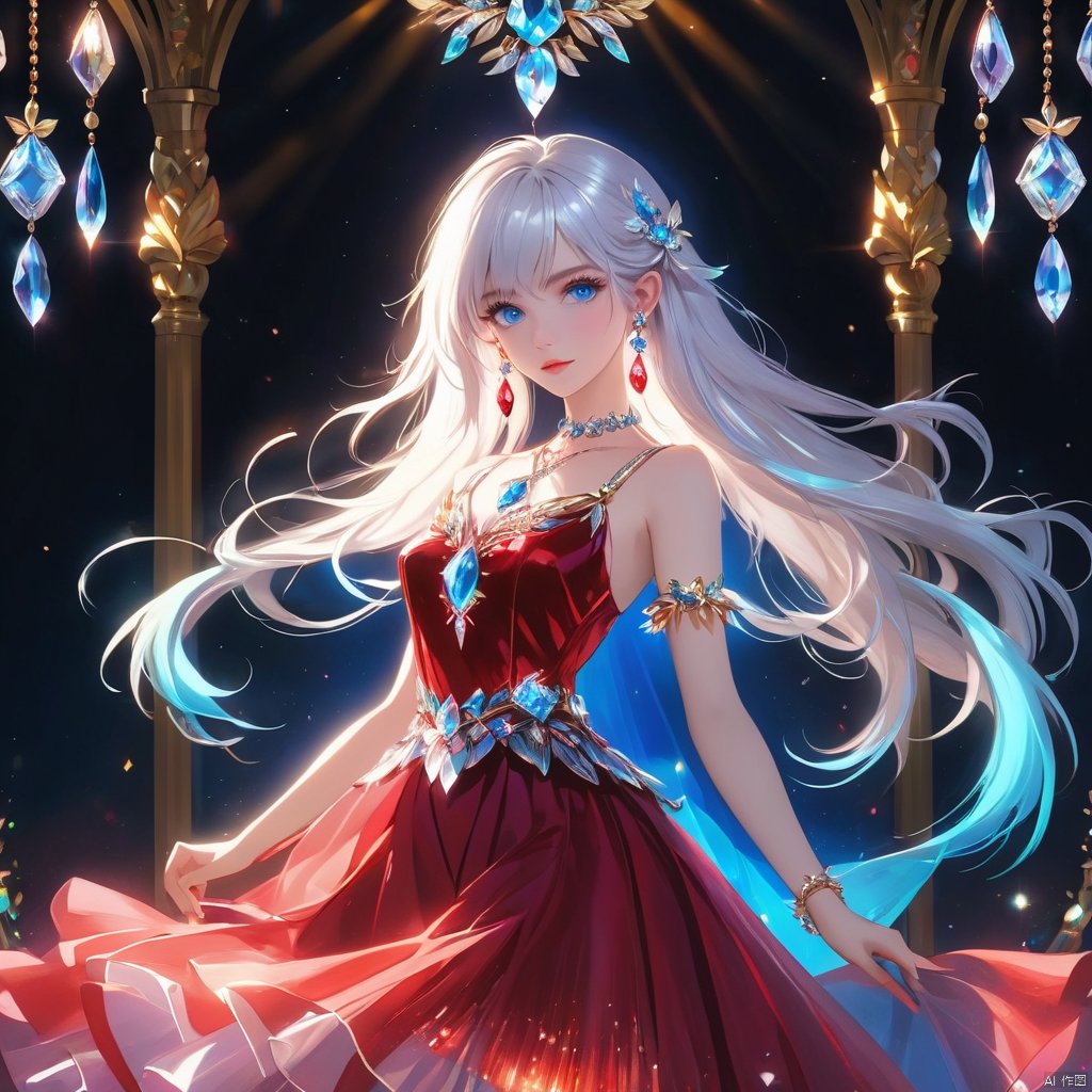 1 girl, solo, long hair, looking at the audience, bangs, blue eyes, jewelry, white hair, earrings, parted lips, necklace, parted bangs, gray eyes, crystal slipper, bust, luminous, red skirt