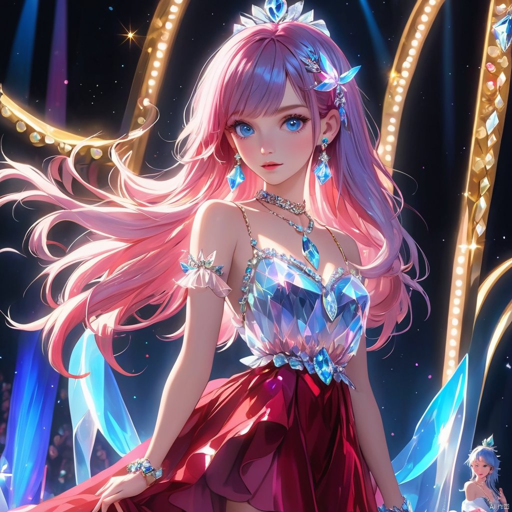 1 girl, solo, long hair, looking at the audience, bangs, blue eyes, jewelry, pink hair, earrings, parted lips, necklace, parted bangs, gray eyes, crystal slipper, bust, luminous, red skirt