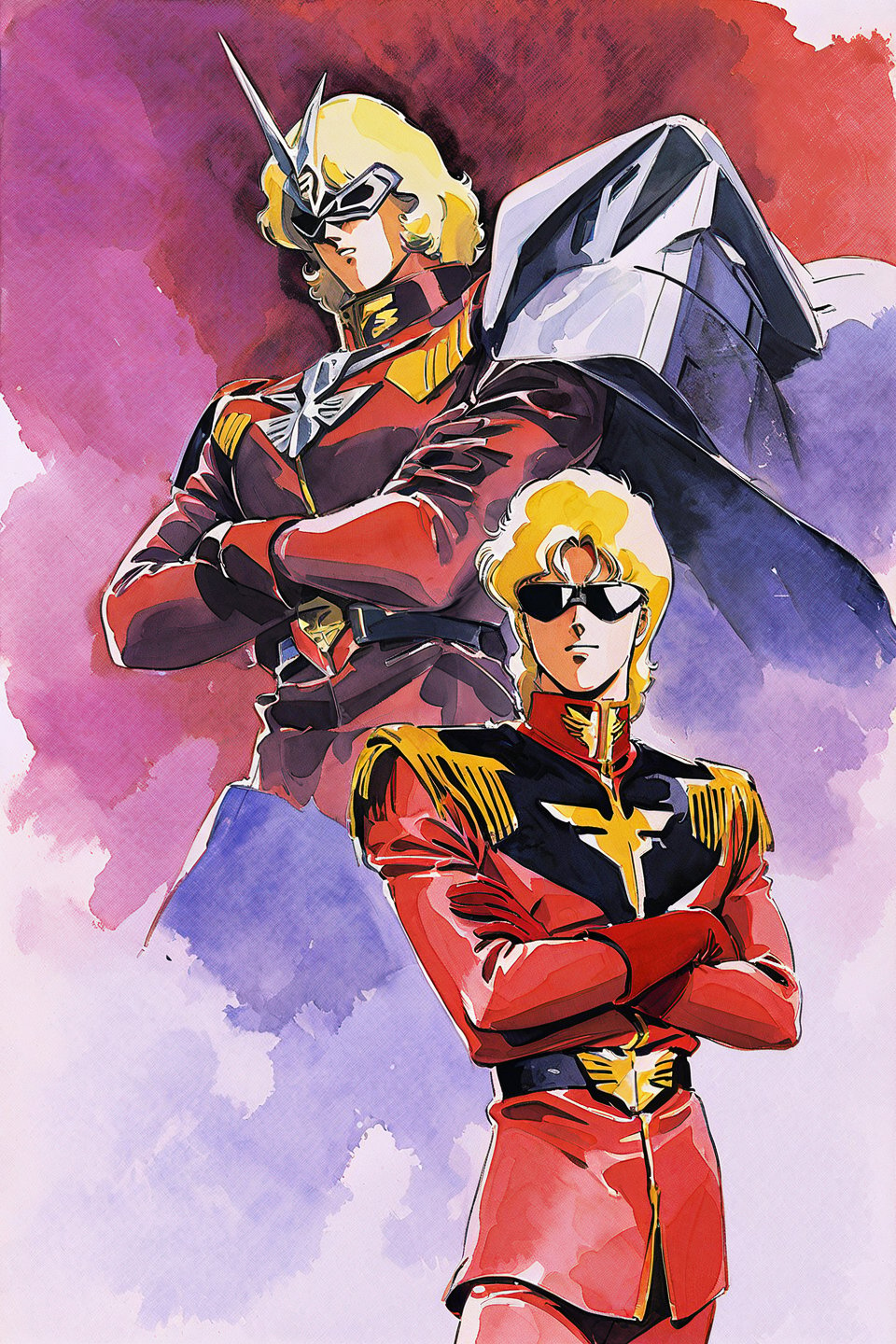 Char Aznable, 1boy, mecha, blonde hair, robot, male focus, uniform, gloves, sunglasses, military, crossed arms, military uniform, belt, white background, red pants, solo, retro artstyle, 1980s style, watercolor