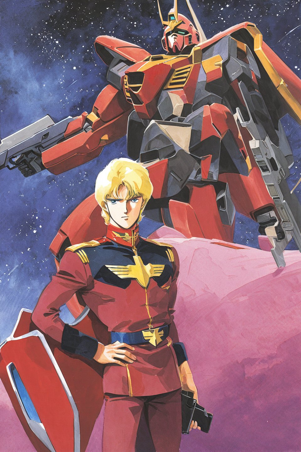 Char Aznable, 1boy, mecha, robot, blonde hair, male focus, uniform, gun, blue eyes, weapon, space, shield, military, hand on hip, military uniform, beam rifle, traditional media, energy gun, science fiction, belt, mobile suit, holding, watercolor