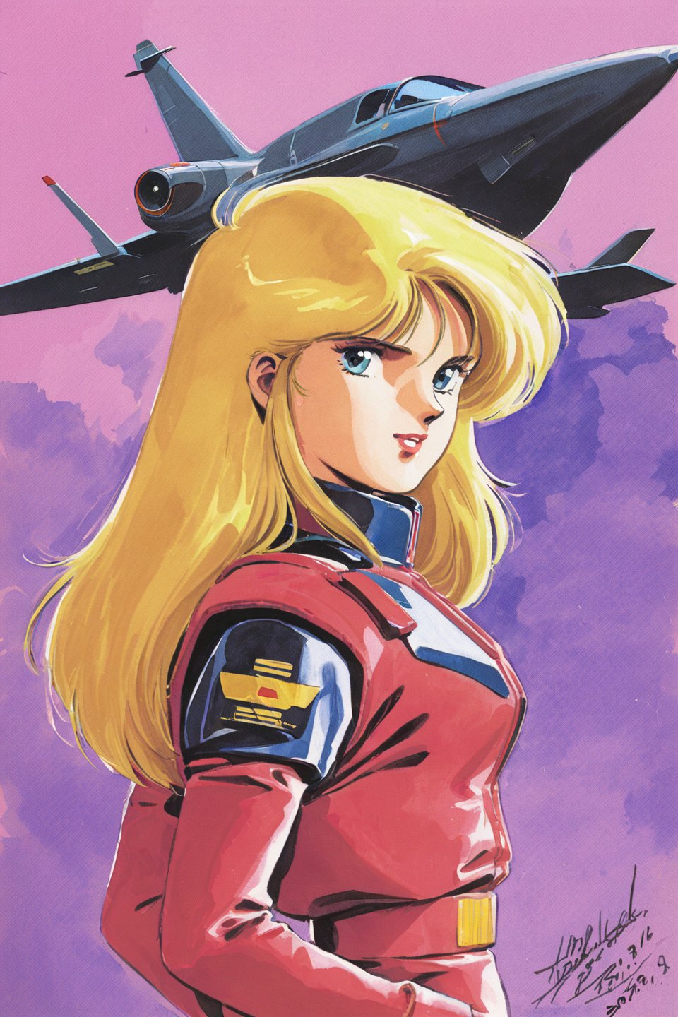 1girl, blonde hair, aircraft, traditional media, airplane, solo, military, jet, pilot suit, fighter jet, dated, green eyes, retro artstyle, long hair, science fiction, blue eyes, uniform, looking at viewer, mecha, pilot, 1980s (style), watercolor