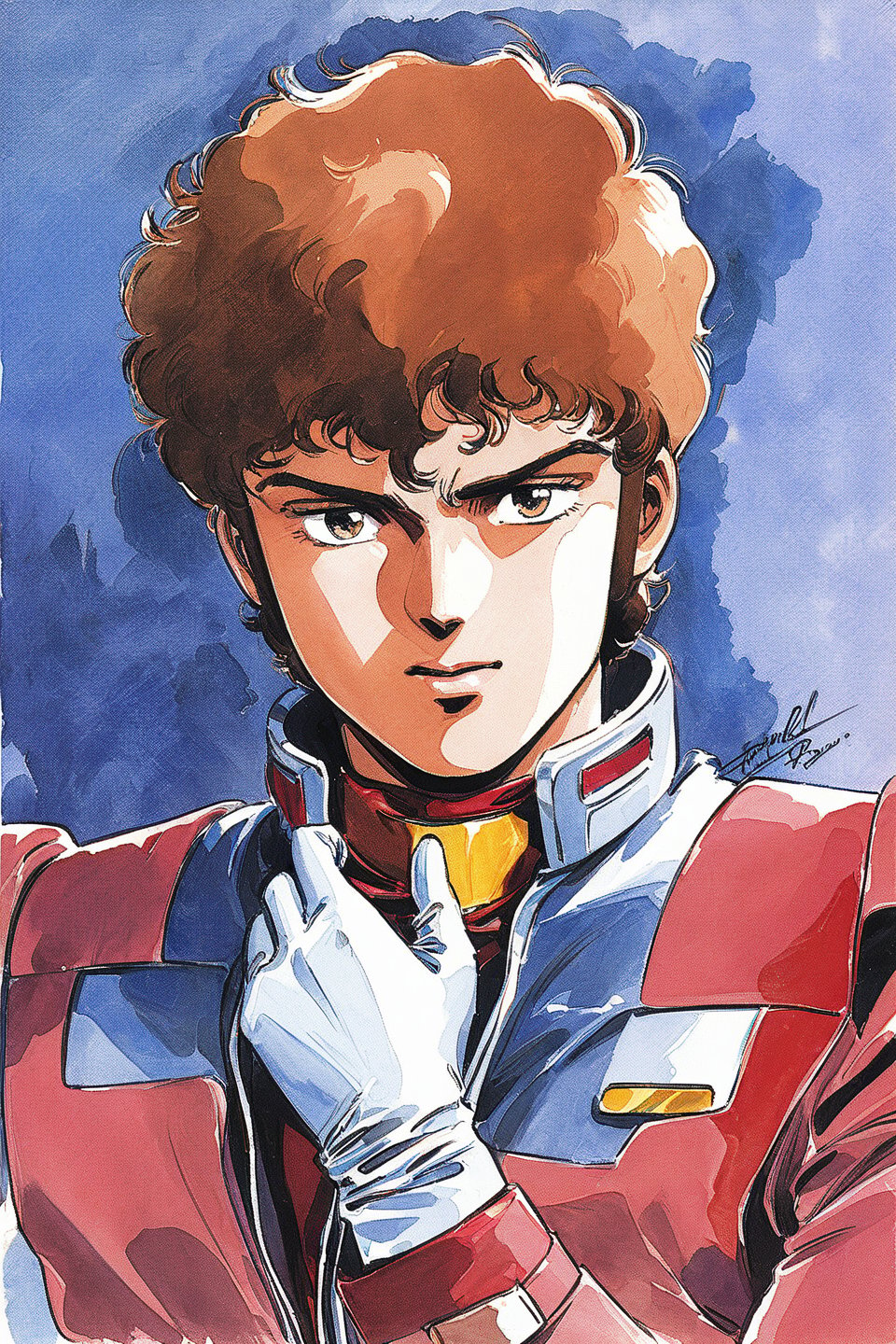 Amuro Ray, 1boy, solo, brown hair, male focus, pilot suit, white gloves, brown eyes, signature, science fiction, retro artstyle,1980s (style),looking at viewer, traditional media, portrait, watercolor