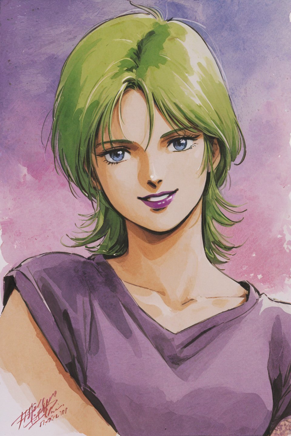 Four Murasame, 1girl, solo, short hair, signature, traditional media, blue eyes, green hair, collarbone, smile, looking at viewer, portrait, purple shirt, lipstick, upper body, dated, watercolor