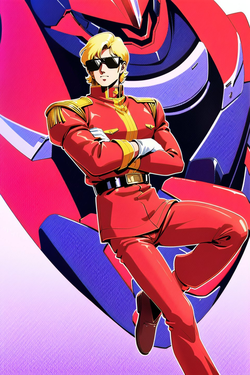 Char Aznable, 1boy, mecha, blonde hair, robot, male focus, uniform, gloves, sunglasses, military, crossed arms, military uniform, belt, white background, red pants, solo, retro artstyle, 1980s (style), watercolor \(medium\)