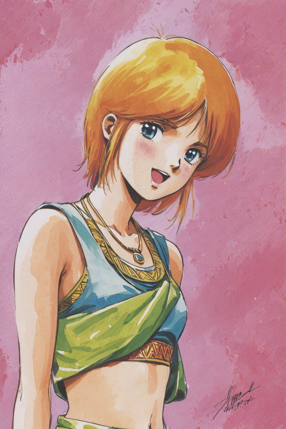 Elpeo Ple, 1girl, solo, short hair, jewelry, necklace, open mouth, orange hair, smile, traditional media, signature, midriff, blush, upper body, crop top, looking at viewer, watercolor