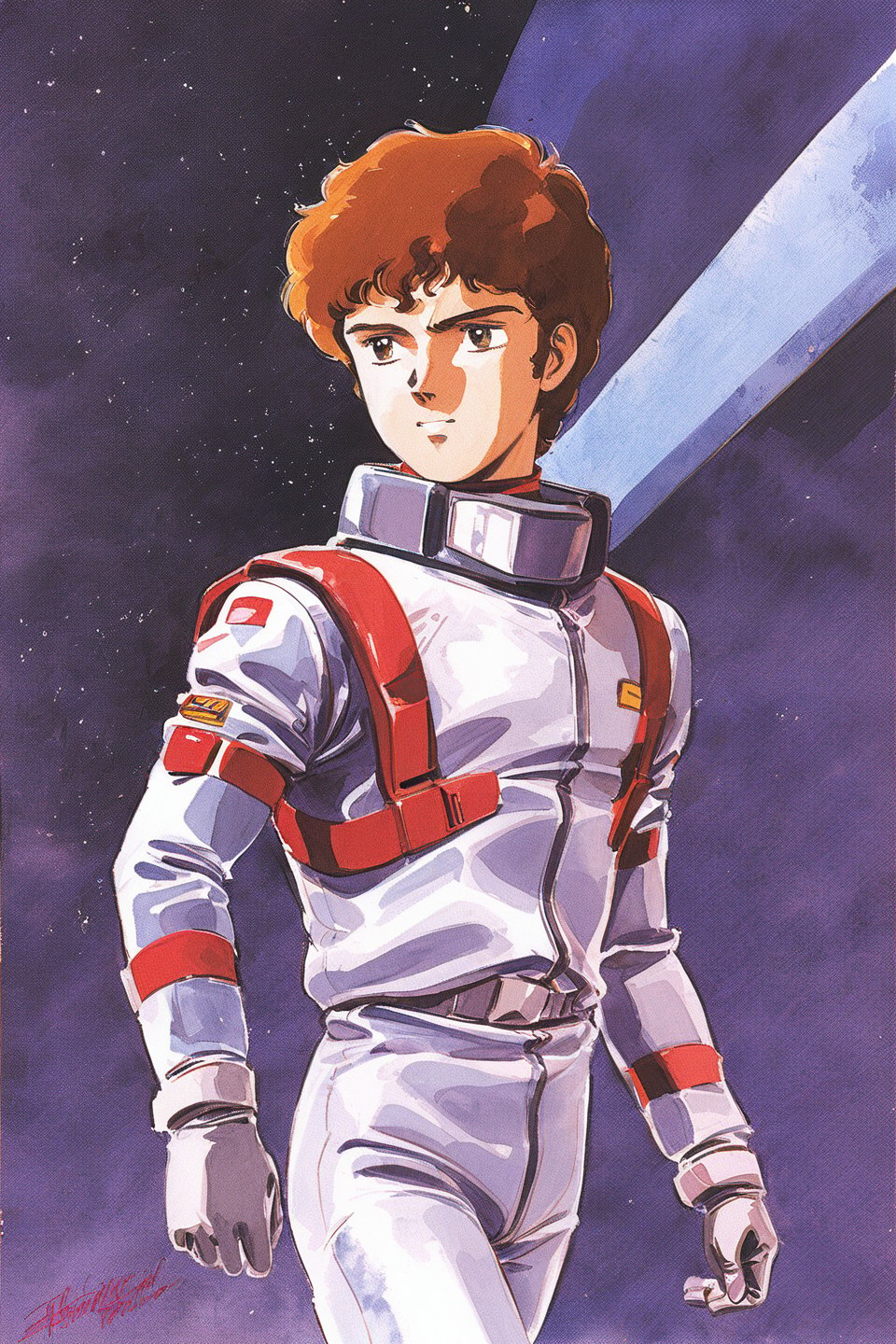 Amuro Ray, 1boy, helmet, male focus, brown hair, solo, retro artstyle, spacesuit, signature, pilot suit, science fiction, helmet removed, walking, gloves, 1980s (style), brown eyes, headwear removed, traditional media, watercolor \(medium\)