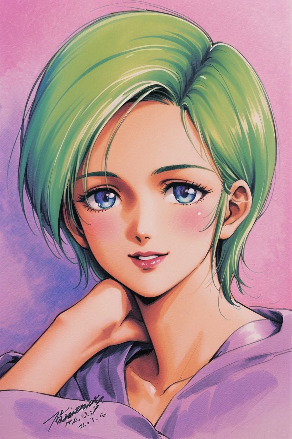 Four Murasame, 1girl, solo, short hair, signature, traditional media, blue eyes, green hair, collarbone, smile, looking at viewer, portrait, purple shirt, lipstick, upper body, dated, watercolor \(medium\),