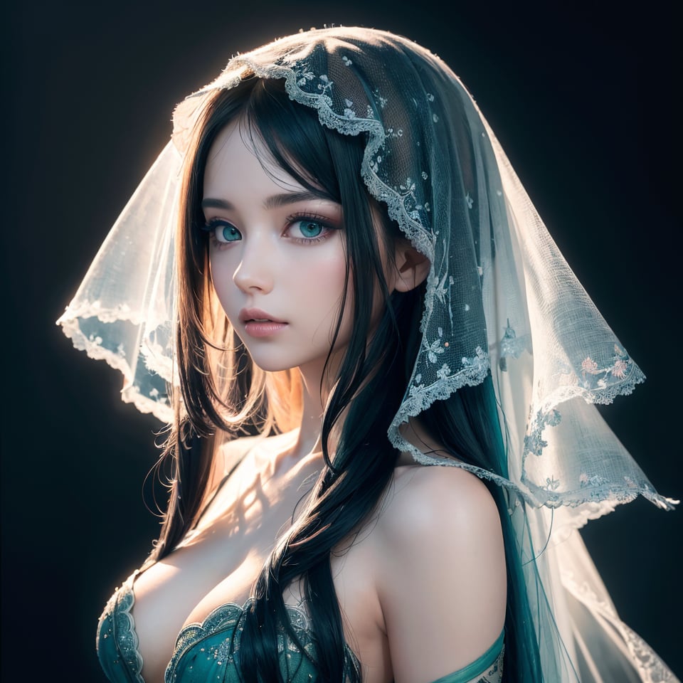 (8k,  epiCPhoto,  ultra realistic,  hyperrealism,  professional, head shot,  photograph,  HDR:1.2), A captivating mixed media masterpiece showcasing a mysterious veiled woman. The delicate lace pattern on her veil blends seamlessly with the intricate black ink lines and vibrant watercolor hues of blues, greens, pinks, and purples. The skilled artist's fusion of media creates a dreamy, ethereal atmosphere, with fluid elements harmoniously intertwined. The artwork's beauty and imagination transport viewers to an enchanting realm, highlighting the artist's remarkable talent and creativity. 