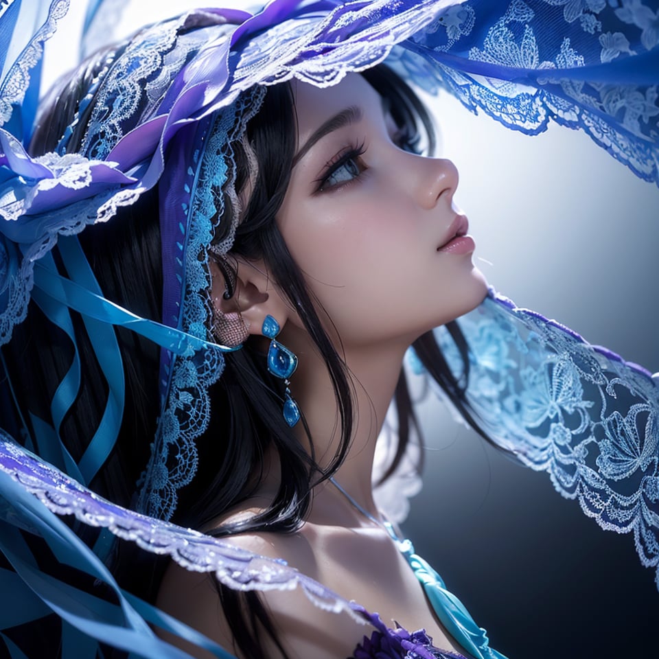 (8k,  epiCPhoto,  ultra realistic,  hyperrealism,  professional, medium full shot,  photograph (low angle :1.5),  HDR:1.2), A captivating mixed media masterpiece showcasing a mysterious veiled woman. The delicate lace pattern on her veil blends seamlessly with the intricate black ink lines and vibrant watercolor hues of blues, greens, pinks, and purples. The skilled artist's fusion of media creates a dreamy, ethereal atmosphere, with fluid elements harmoniously intertwined. The artwork's beauty and imagination transport viewers to an enchanting realm, highlighting the artist's remarkable talent and creativity. 