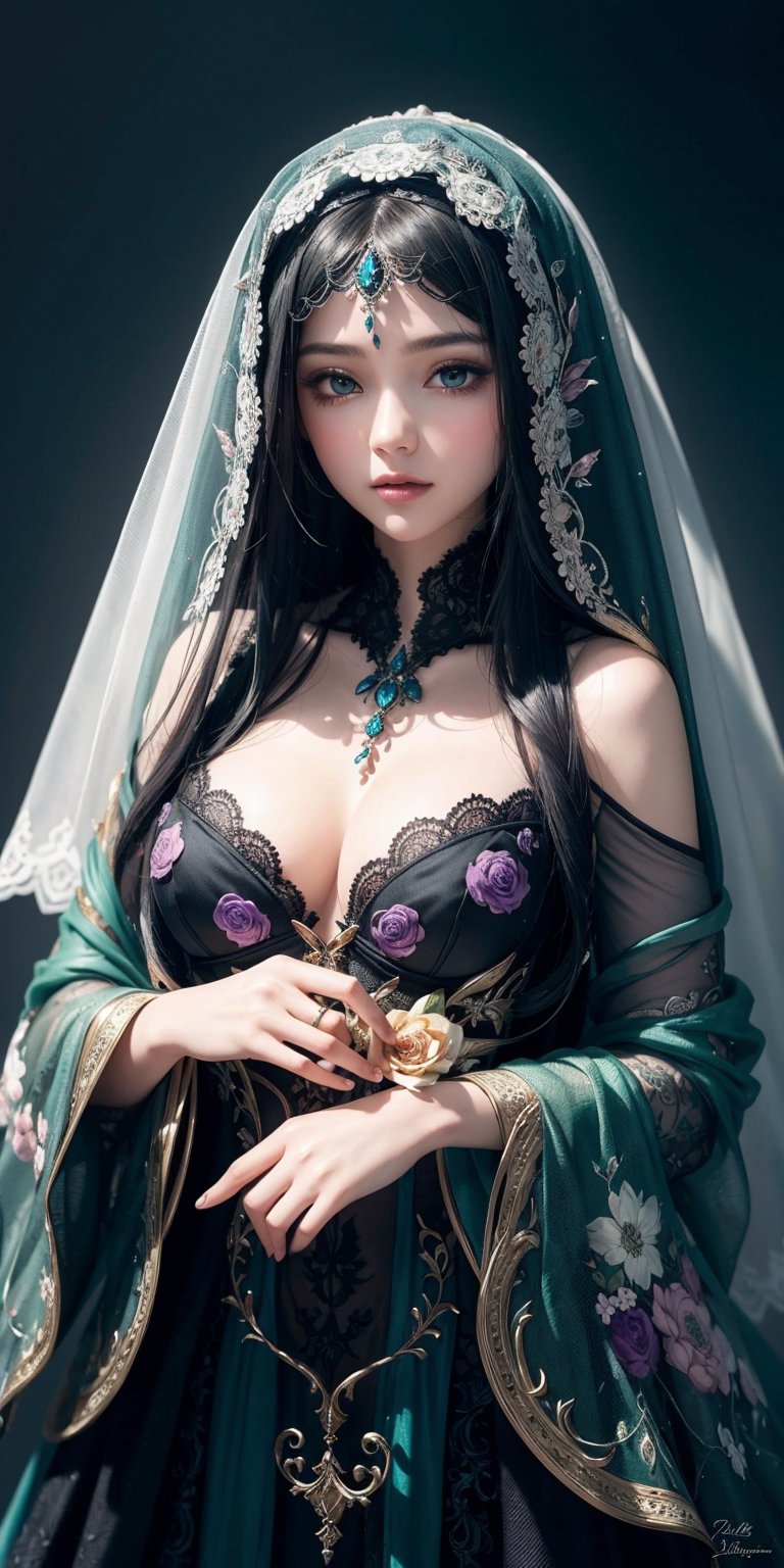 A captivating mixed media masterpiece showcasing a mysterious veiled woman. The delicate lace pattern on her veil blends seamlessly with the intricate black ink lines and vibrant watercolor hues of blues, greens, pinks, and purples. The skilled artist's fusion of media creates a dreamy, ethereal atmosphere, with fluid elements harmoniously intertwined. The artwork's beauty and imagination transport viewers to an enchanting realm, highlighting the artist's remarkable talent and creativity.