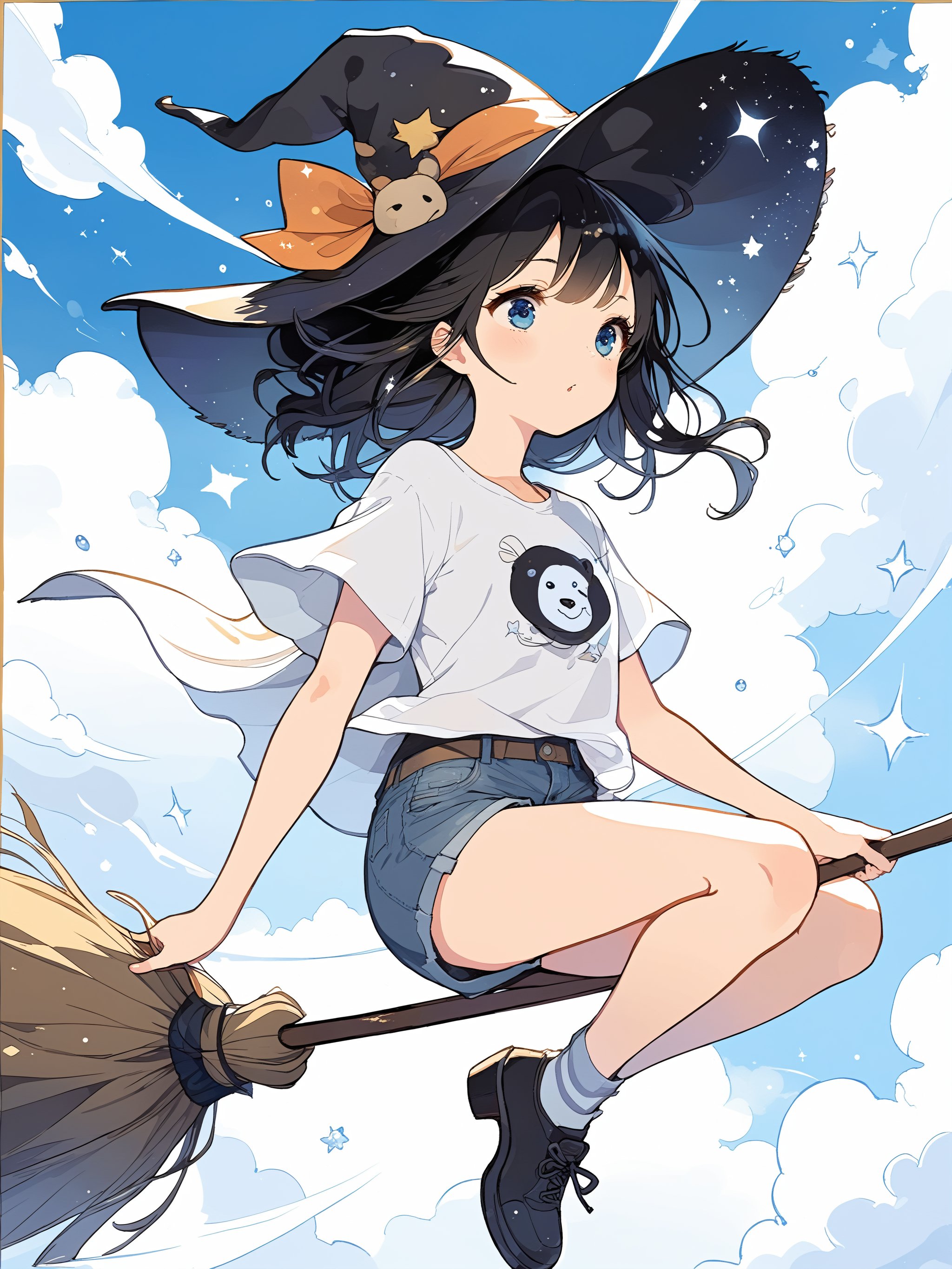 Illustration of a girl flying in the blue sky astride a magic broom.
Girl is wearing T-shirt and denim shorts.
Beautiful eyes. Beautiful black hair. Bear ears. 
Very detailed and quality illustration.
sunshine, 
from below, 
masterpiece, top quality, aesthetic, 4K, Official Art, 
magic_broom