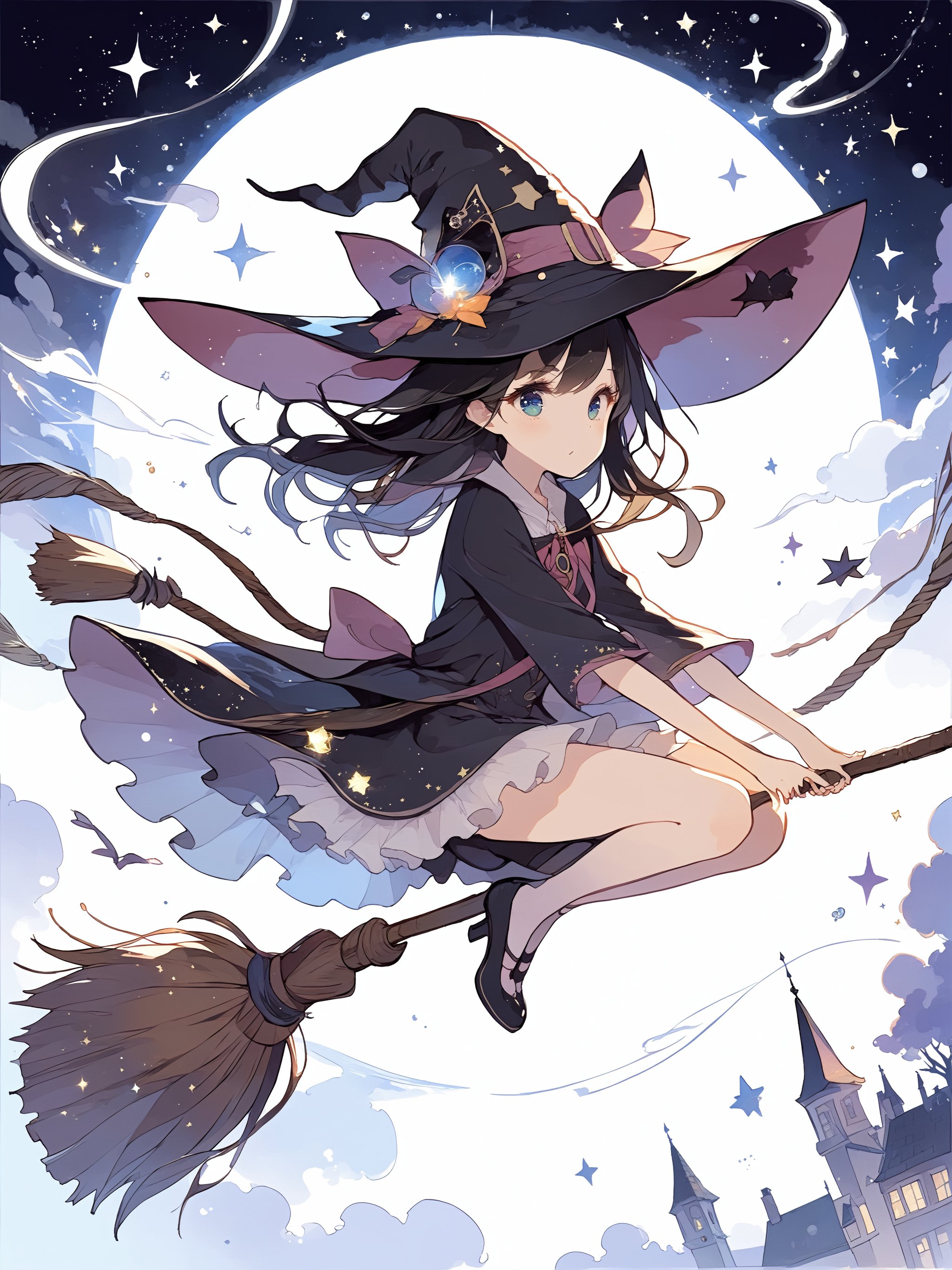 Illustration of a magical girl flying in the sky astride a magic broom.
The girl is dressed as a witch. She is wearing a big witch hat.
Beautiful eyes. Beautiful black hair.
Very detailed and quality illustration.
masterpiece, top quality, aesthetic, 4K, Official Art, 
magic_broom