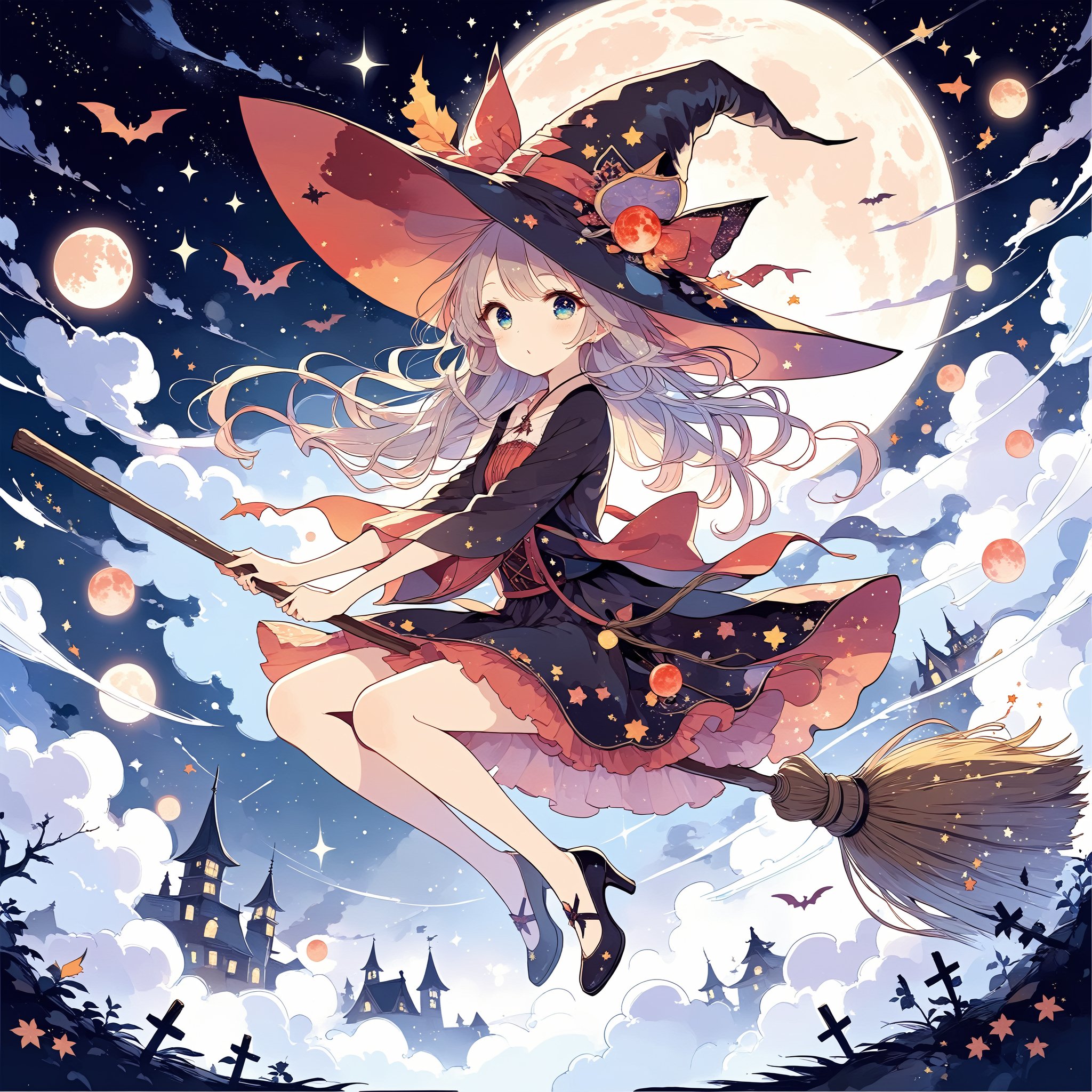 Illustration of a magical girl flying in the sky (astride a magic broom:1.1).
The girl is dressed as a witch. She is wearing a big witch hat.
Japanese animation style.
Beautiful eyes. Beautiful hair.
Witch night, red moon. 
Very detailed and quality illustration.
masterpiece, top quality, aesthetic, 4K, Official Art, 
magic_broom