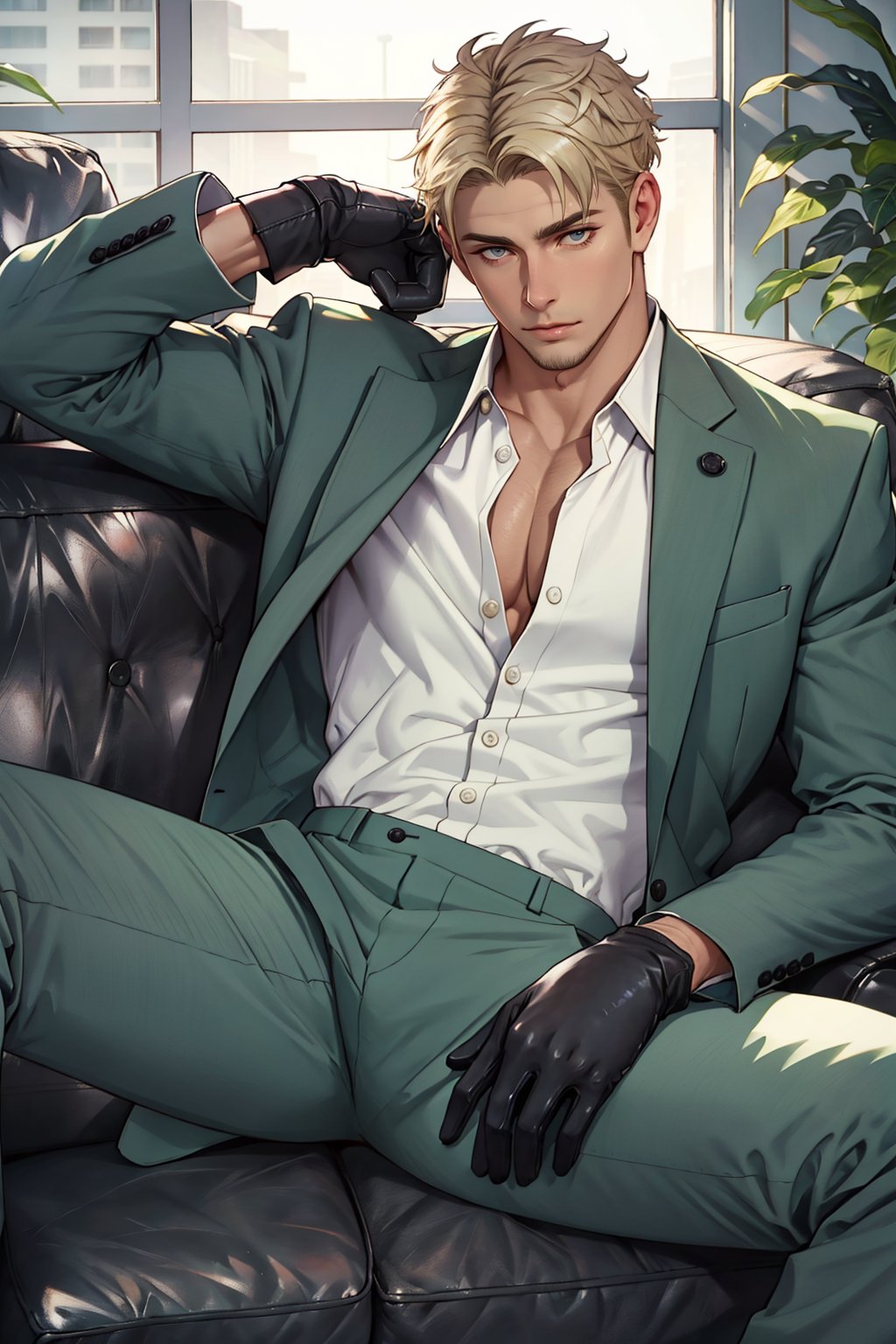 loid_forger, solo, looking at viewer, short hair, blue eyes, blonde hair, gloves, 1boy, jacket, white shirt, male focus, black gloves, pants, indoors, spread legs, open jacket, muscular, formal, abs, suit, pectorals, couch, green jacket, unbuttoned, green pants, 