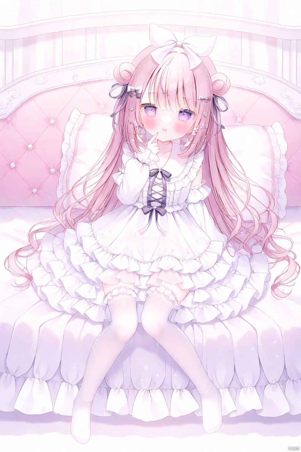 omochi monaka, 1girl, double bun, hair bow,  hair ornament, expressionless, see-through, lace,
white thighhighs, frilled thighhighs, no shoes, pillow, ribbon, gothic lolita, white dress,  full body,
lolita fashion, shamed ,blush, pink room, bed  , from side, stuffed toys, light smile, finger at mouth
masterpiece, best quality, white background, omochi_newest,