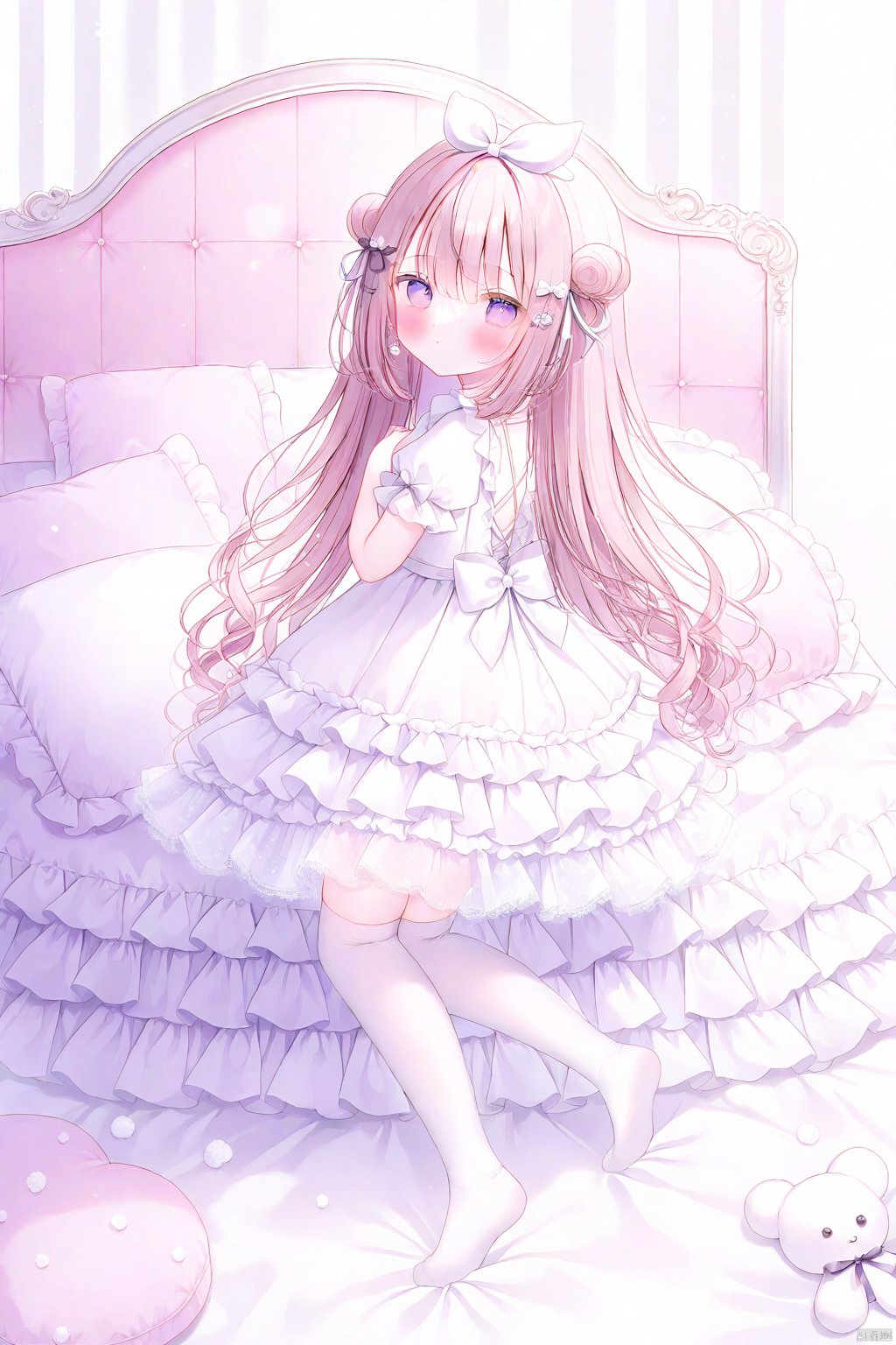 omochi monaka, 1girl, double bun, hair bow,  hair ornament, expressionless, see-through, lace,
white thighhighs, frilled thighhighs, no shoes, pillow, ribbon, gothic lolita, white dress,  full body,
lolita fashion, shamed ,blush, pink room, bed  , from side, stuffed toys, looking back
masterpiece, best quality, white background, omochi_newest,