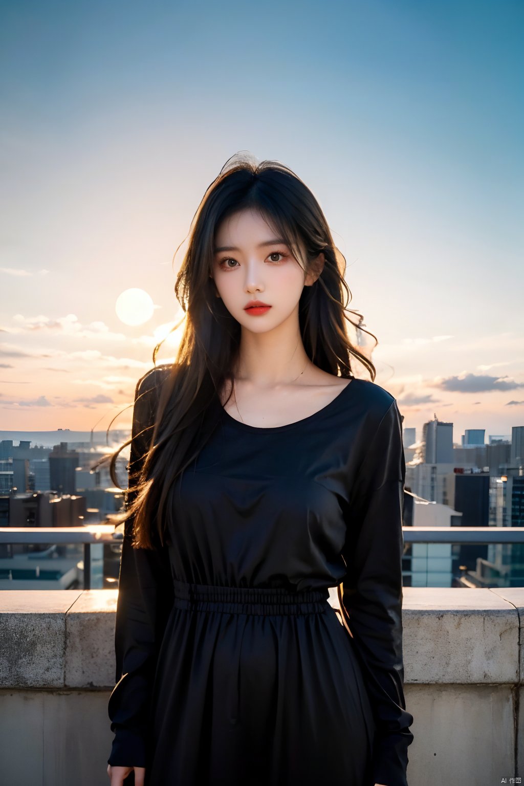  skdress,NSFW,Frontal photography,Look front,evening,dark clouds,the setting sun,On the city rooftop,A 20 year old female,black hair,long hair,dark theme,muted tones,pastel colors,high contrast,(natural skin texture, A dim light, high clarity) ((sky background))((Facial highlights)),
masterpiece,best quality,
,