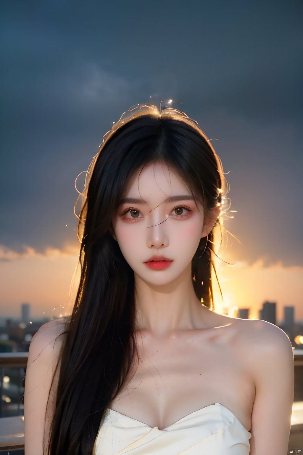  skdress,NSFW,Frontal photography,Look front,evening,dark clouds,the setting sun,On the city rooftop,A 20 year old female,black hair,long hair,dark theme,muted tones,pastel colors,high contrast,(natural skin texture, A dim light, high clarity) ((sky background))((Facial highlights)),
masterpiece,best quality,
,