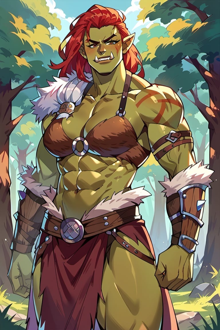 score_9, score_8_up, score_7_up, orc girl, Viking hair style, Viking outfit, red hair, muscular, smirking, cowboy_shot, forest village background,