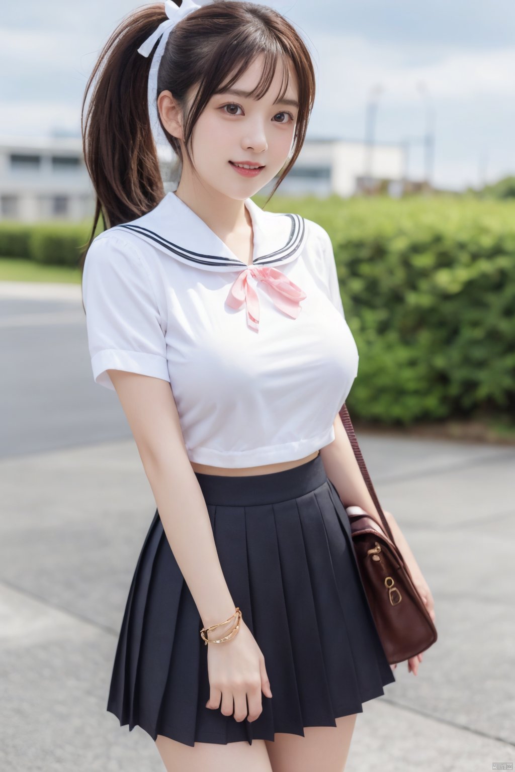  jk2, 1girl, solo, school uniform, skirt, bag, ponytail, long hair, serafuku, smile, ribbon, outdoors, short sleeves, pleated skirt, bracelet, hair ribbon, sailor collar, shirt, day, black hair, pink ribbon, school bag, sky, blue sky, jewelry, standing, black skirt, white shirt, brown hair, jk, Nakagawa_Kokoro, Hashimoto_Kanna,(big breasts:1.29), (full breasts:1.29)