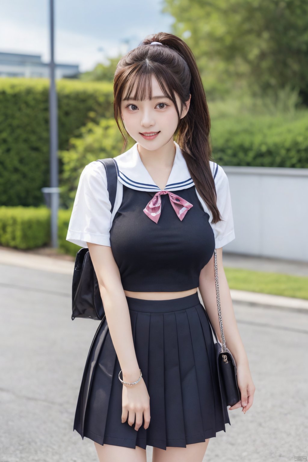  jk2, 1girl, solo, school uniform, skirt, bag, ponytail, long hair, serafuku, smile, ribbon, outdoors, short sleeves, pleated skirt, bracelet, hair ribbon, sailor collar, shirt, day, black hair, pink ribbon, school bag, sky, blue sky, jewelry, standing, black skirt, white shirt, brown hair, jk, Nakagawa_Kokoro, Hashimoto_Kanna,(big breasts:1.29), (full breasts:1.29)