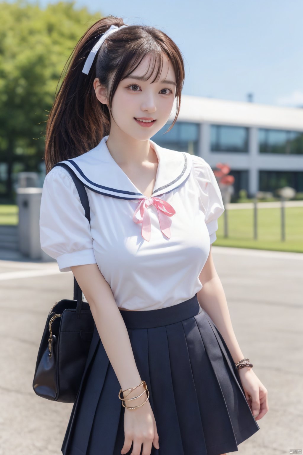  jk2, 1girl, solo, school uniform, skirt, bag, ponytail, long hair, serafuku, smile, ribbon, outdoors, short sleeves, pleated skirt, bracelet, hair ribbon, sailor collar, shirt, day, black hair, pink ribbon, school bag, sky, blue sky, jewelry, standing, black skirt, white shirt, brown hair, jk, Nakagawa_Kokoro, Hashimoto_Kanna,(big breasts:1.29), (full breasts:1.29)