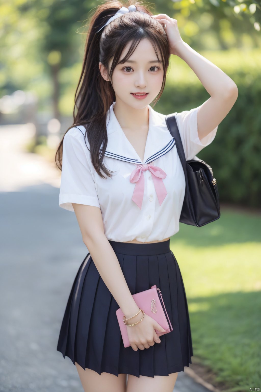  jk2, 1girl, solo, school uniform, skirt, bag, ponytail, long hair, serafuku, smile, ribbon, outdoors, short sleeves, pleated skirt, bracelet, hair ribbon, sailor collar, shirt, day, black hair, pink ribbon, school bag, sky, blue sky, jewelry, standing, black skirt, white shirt, brown hair, jk, Nakagawa_Kokoro, Hashimoto_Kanna