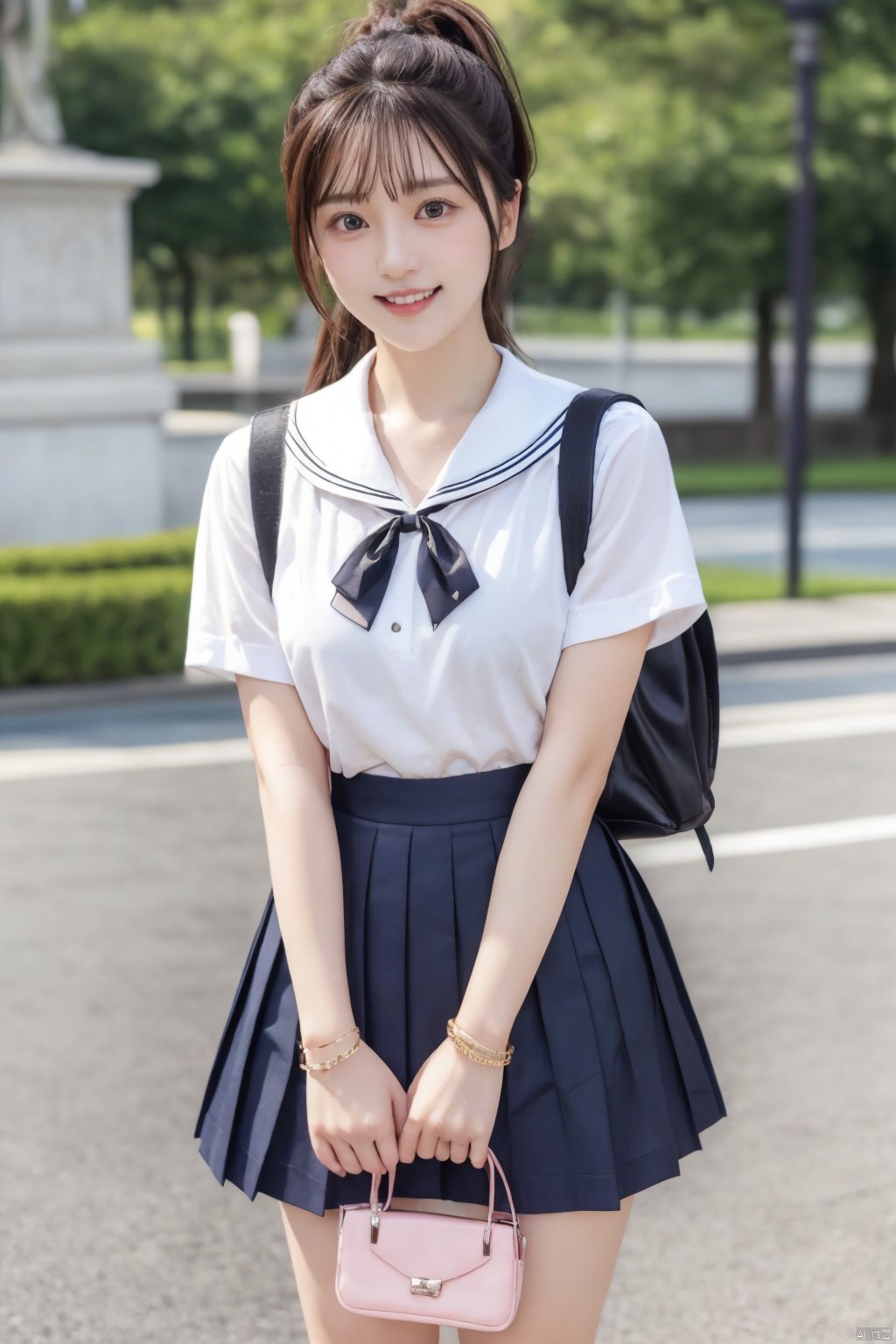  jk2, 1girl, solo, school uniform, skirt, bag, ponytail, long hair, serafuku, smile, ribbon, outdoors, short sleeves, pleated skirt, bracelet, hair ribbon, sailor collar, shirt, day, black hair, pink ribbon, school bag, sky, blue sky, jewelry, standing, black skirt, white shirt, brown hair, jk, Nakagawa_Kokoro, Hashimoto_Kanna