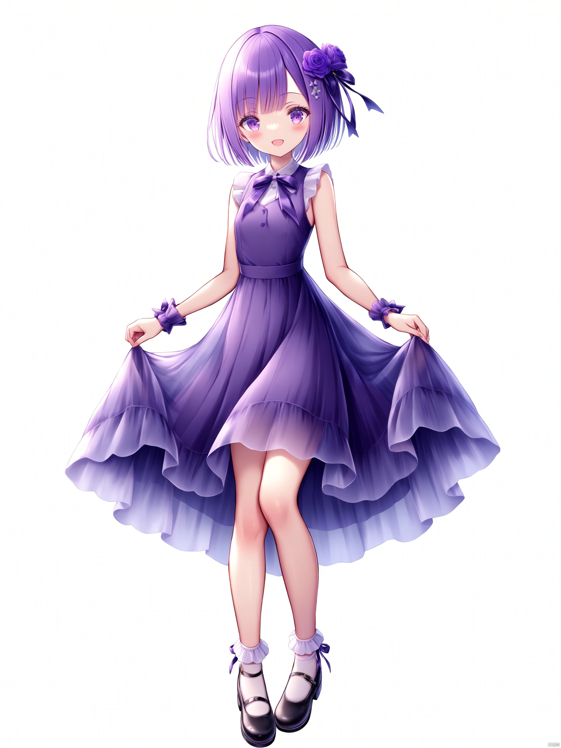 Artist_tinker_bell_(pixiv_10956015) 1girl, solo, dress, purple hair, purple eyes, hair flower, skirt hold, open mouth, hair ornament, shoes, flower, short hair, looking at viewer, mary janes, ribbon, smile, socks, :d, simple background, white background, sleeveless dress, see-through, sleeveless, full body, purple dress, wrist cuffs, bobby socks, blush, see-through silhouette, standing