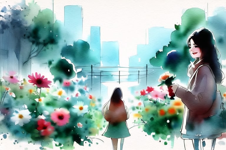 A girl enjoying flowers in a garden,watercolor, smudge,YunQiuWaterColor