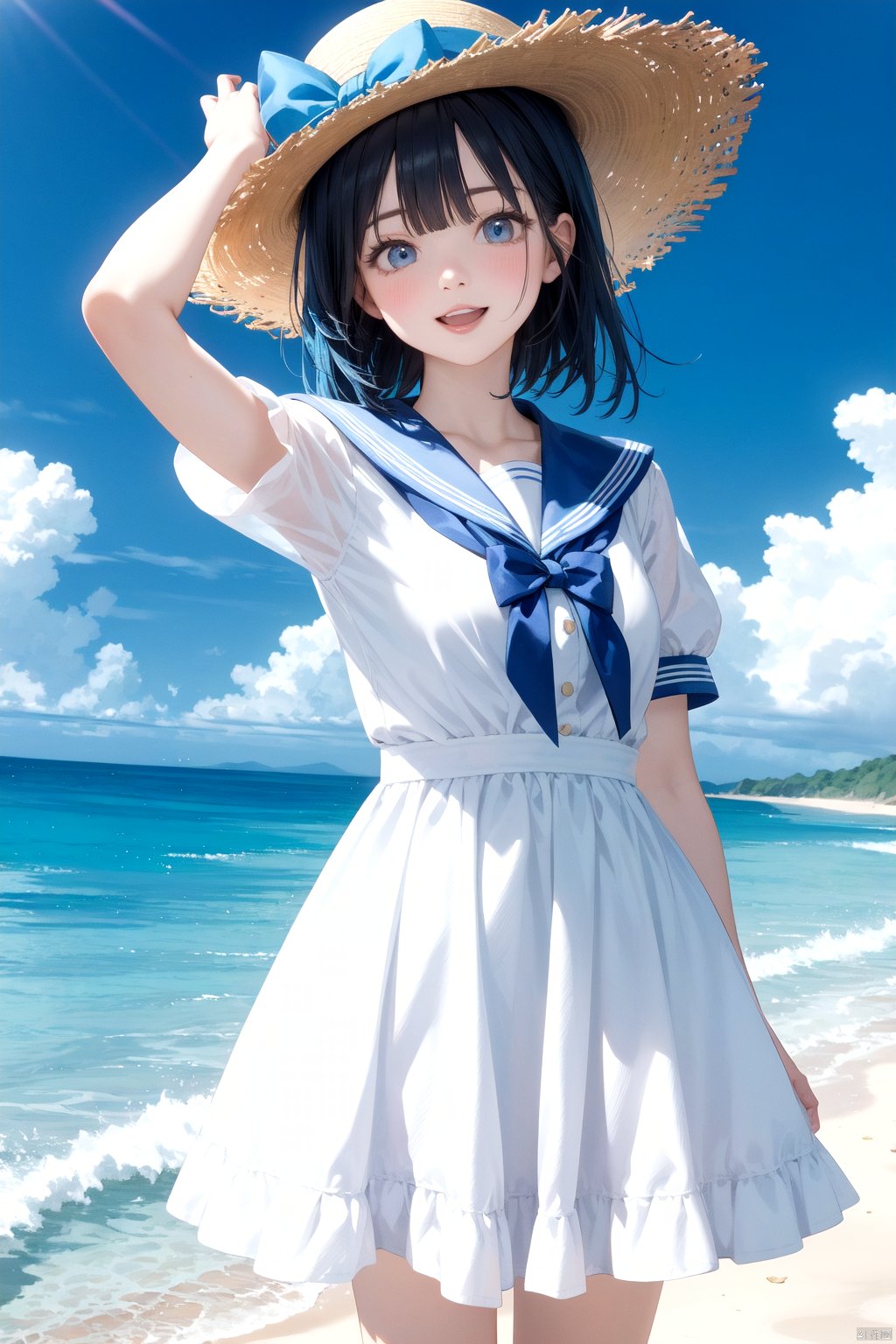  best quality,4k,8k,highres,masterpiece,ultra-detailed,realistic,photorealistic,photo-realistic,HDR,UHD,studio lighting,1girl,arm up,beach,blue bow,blue eyes,blue hair,blue sky,blush,bow,cloud,dress,frilled dress,frills,hand on headwear,hat,hat bow,holding clothes,holding dress,horizon,looking at viewer,ocean,open mouth,outdoors,puffy short sleeves,puffy sleeves,sailor collar,short sleeves,sky,smile,solo,standing,striped bow,sun hat,white bow,white dress,white hat,white sailor collar,