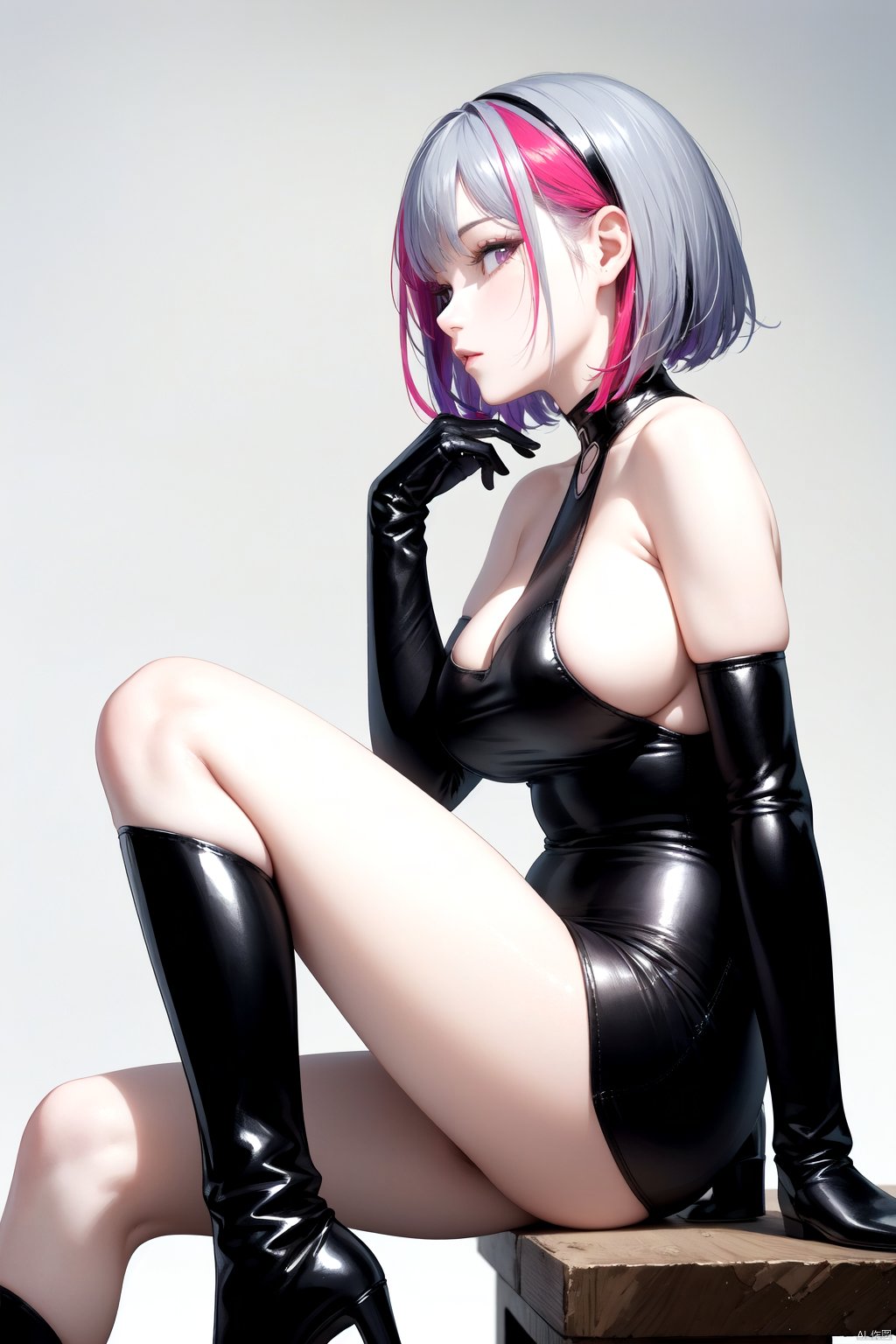  best quality,4k,8k,highres,masterpiece,ultra-detailed,realistic,photorealistic,photo-realistic,HDR,UHD,studio lighting,1girl,bare shoulders,black footwear,black gloves,boots,breasts,closed mouth,clothing cutout,colored inner hair,detached sleeves,foot out of frame,gloves,grey hair,head rest,high heel boots,high heels,knee boots,large breasts,long sleeves,multicolored hair,profile,purple eyes,red hair,short hair,sideboob,solo,streaked hair,thigh cutout,