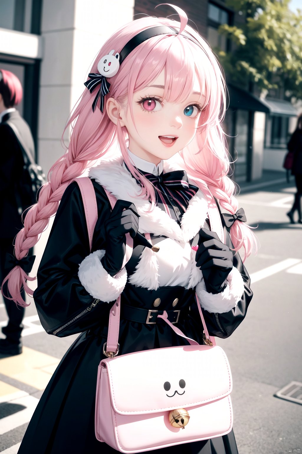  best quality,4k,8k,highres,masterpiece,ultra-detailed,realistic,photorealistic,photo-realistic,HDR,UHD,studio lighting,1girl,ahoge,backpack,bag,bell,black bow,black dress,black eyes,bow,braid,clothing cutout,dress,emoji,emoji hair ornament,gloves,grey gloves,hair ornament,hairband,hands up,heart,heart cutout,heart in eye,heterochromia,jingle bell,lolita hairband,long hair,open mouth,pill,pill hair ornament,pink bag,pink bow,pink eyes,pink hair,smile,solo,striped bow,symbol in eye,teeth,twin braids,wavy eyes,x hair ornament,