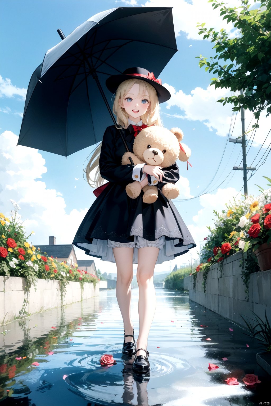  best quality,4k,8k,highres,masterpiece,ultra-detailed,realistic,photorealistic,photo-realistic,HDR,UHD,studio lighting,1girl,black bow,black dress,black footwear,black hat,black umbrella,blonde hair,bloomers,blue eyes,blue sky,blush,bouquet,bow,bug,butterfly,cloud,cloudy sky,day,different reflection,dress,flower,forehead,hair bow,hat,holding,holding bouquet,holding umbrella,hugging object,insect,long hair,long sleeves,looking at viewer,no socks,open mouth,orange bow,outdoors,parted bangs,petals,polka dot,polka dot bow,puddle,red flower,red rose,reflection,reflective water,rose,round teeth,shoe soles,shoes,sky,sleeves past wrists,smile,solo,stuffed animal,stuffed toy,teddy bear,teeth,umbrella,underwear,upper teeth only,very long hair,walking,water,white bloomers,