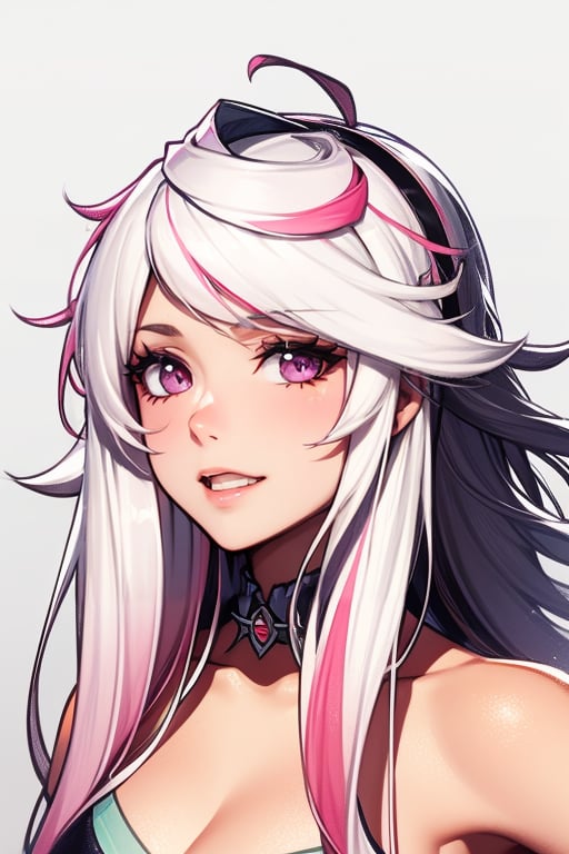 m41k4, white hair, two-tone hair, pink eyes