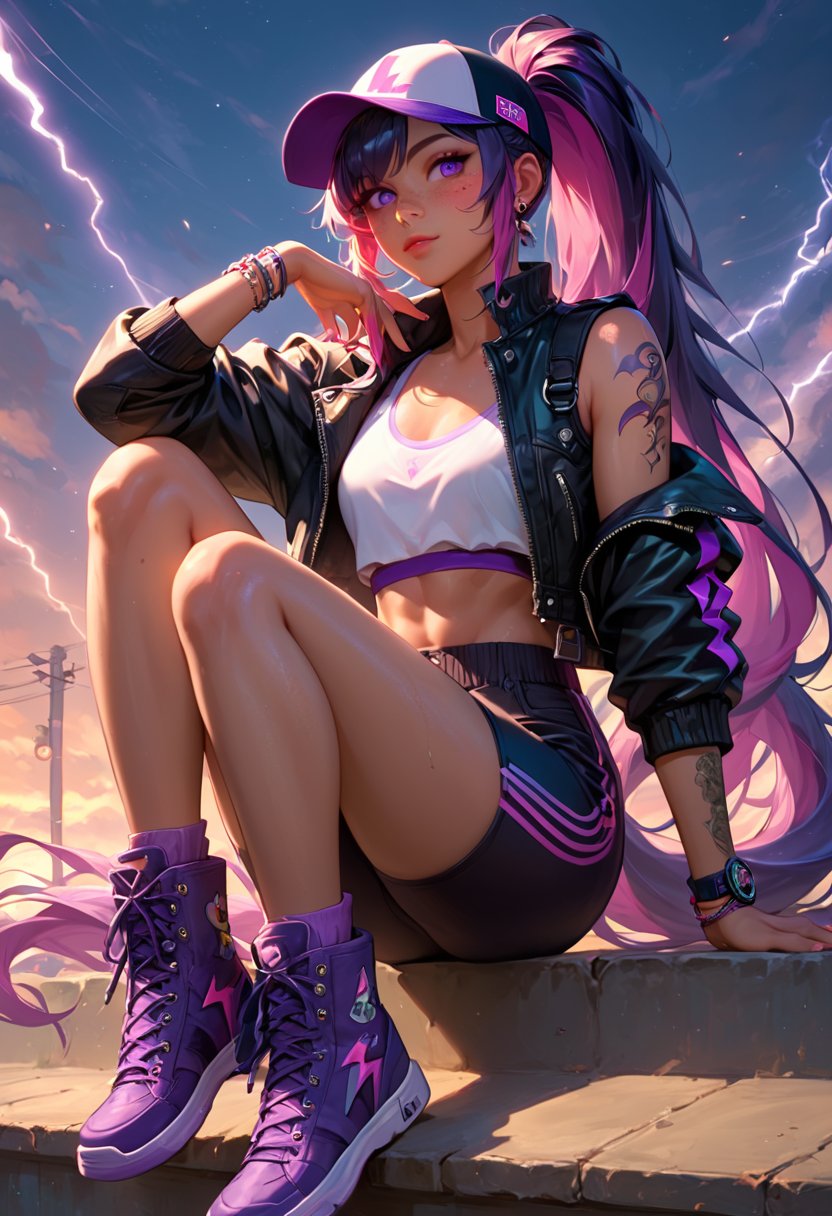 score_9, score_8_up, score_7_up, score_6_up,volumetric lighting, 1 girl, 26 years old, laced high boots, glowing multicolor hair, very long hair, heavy ponytail on her shoulder, (soft skin:1.3), tan lines, girly arms tattoos,  light freckles, ultra-detailed purple eyes, baseball cap, torn jacket, Sleeveless jacket, leather jacket, oversize jogging pants, sitting on a tank vehicule, tank full of puppets and stickers, looking at the viewer, she hold an Large submachine gun full of colorfull stickers, neon lightning