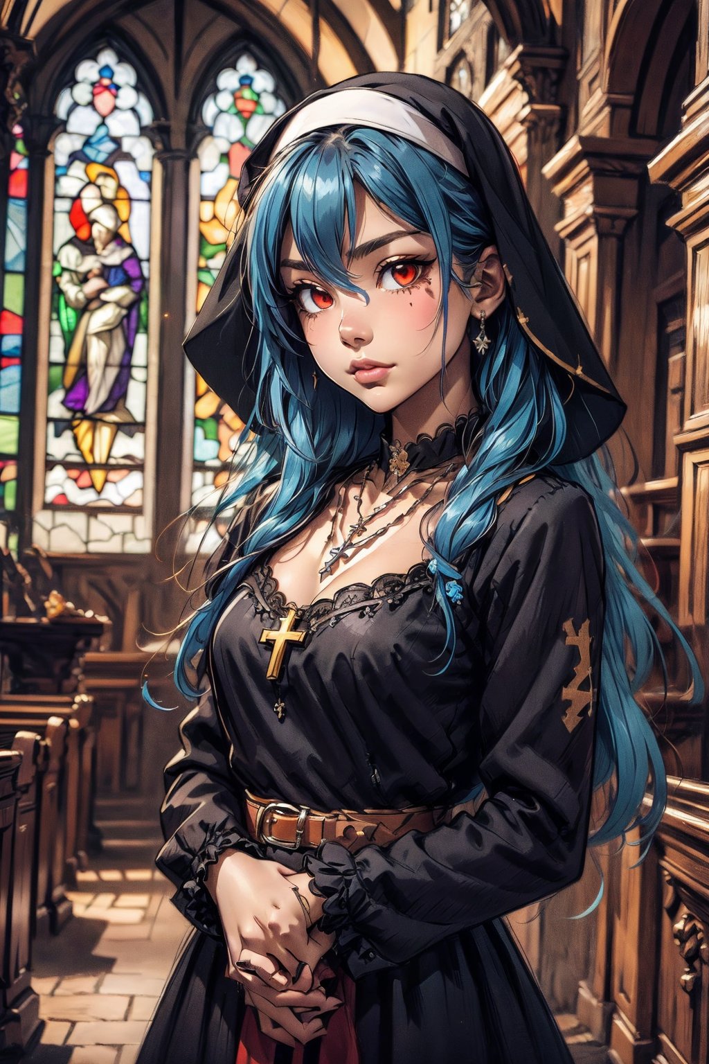 1girl, solo, long hair, looking at viewer, red eyes, long sleeves, dress, jewelry, blue hair, necklace, black dress, glowing, cross, nun, habit, cross necklace, stained glass, church, Sketch paint