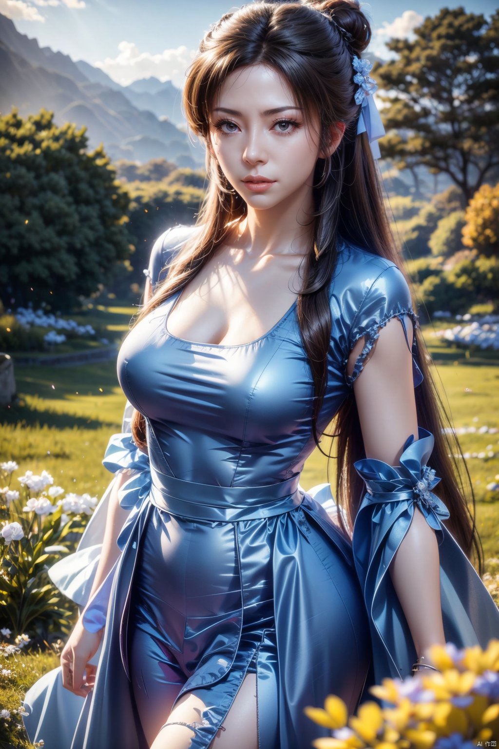  masterpiece,best quality,official art,extremely detailed CG unity 8k wallpaper,realistic,light rays,light particles,1girl,solo,realistic,looking_at_viewer,lips,black_hair,long_hair,medium breasts,hair_bun,hair_ornament,brown_eyes,SunLight,Flowers,Outdoors,Hair Ornaments,White Flowers,Vast Open Field,dynamic pose,looking at viewer,standing, NaGongWan, Nakagawa_Kokoro, Hashimoto_Kanna