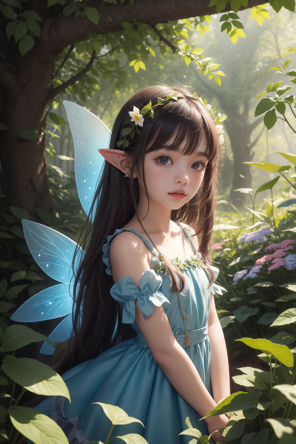 1girl, fairy colecting herb, fairy dress, pointy ears, fantasy garden forest, upper body, looking at viewer,photorealistic